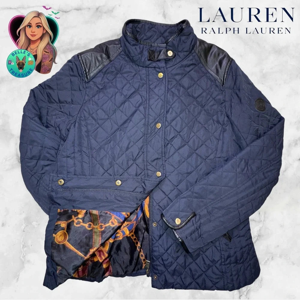 Ralph Lauren LRL Women L‎ Quilted Jacket Navy Barn Coat Equestrian Faux Leather